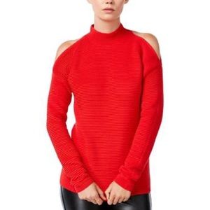 Red Cold Shoulder Ribbed Mock Neck Sweater
